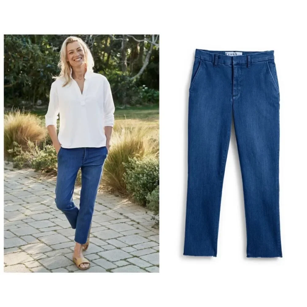 FRANK & EILEEN Wicklow 1977 Blue Denim Wash Italian Performance Denim NWT 0 $298